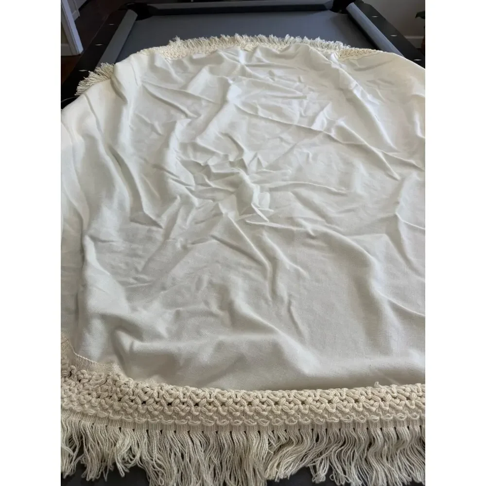 Cream Round Crochet Fringe Boho Farmhouse CottagecoreTablecloth 60 Inch Diameter